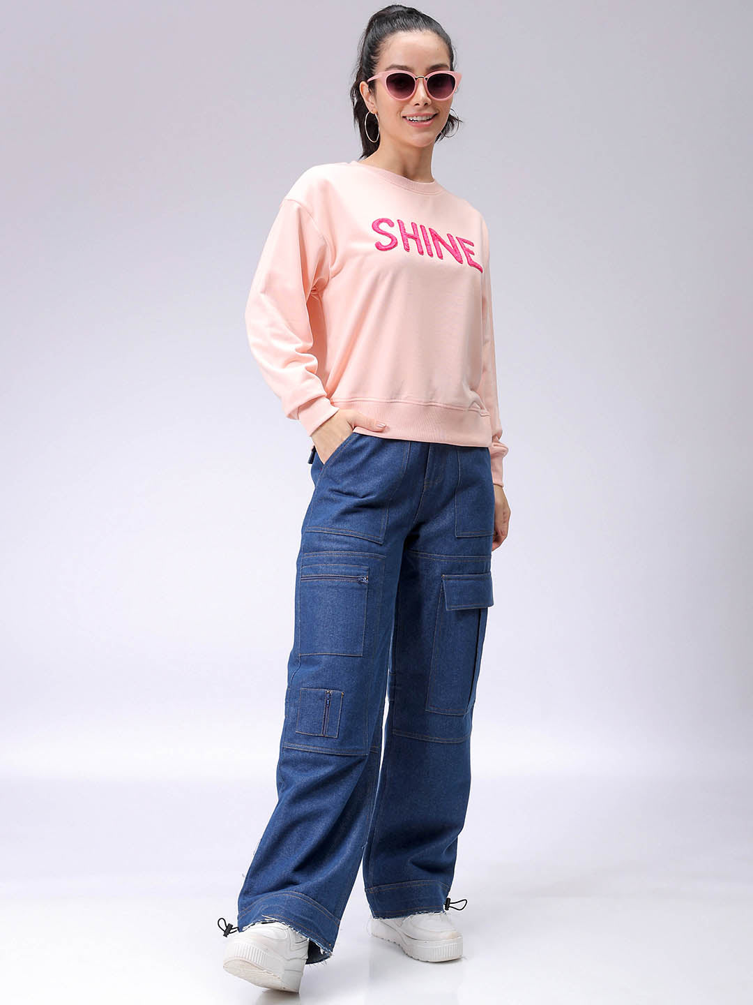 Women's Pink Relaxed Fit Typographic Crewneck Sweatshirt
