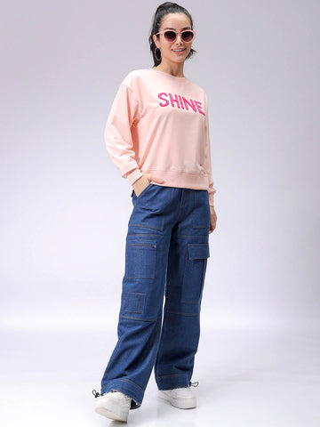 Women's Pink Relaxed Fit Typographic Crewneck Sweatshirt