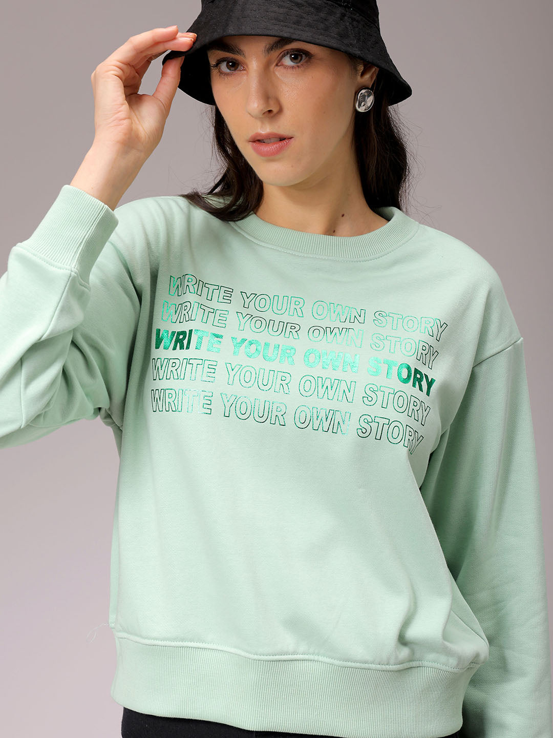 Women's Green Relaxed Fit Foil Printed Crewneck Sweatshirt