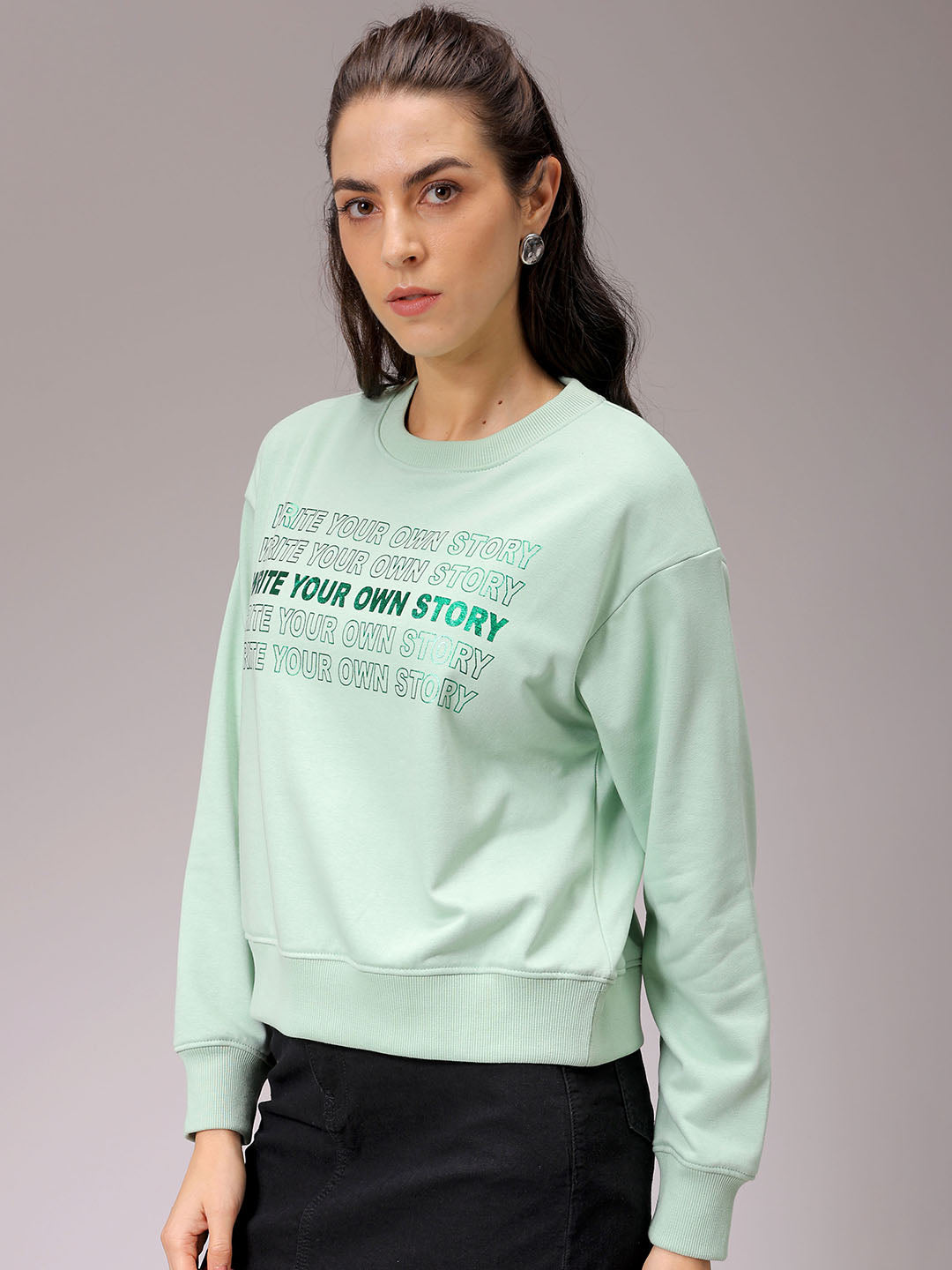 Women's Green Relaxed Fit Foil Printed Crewneck Sweatshirt