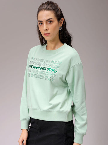 Women's Green Relaxed Fit Foil Printed Crewneck Sweatshirt