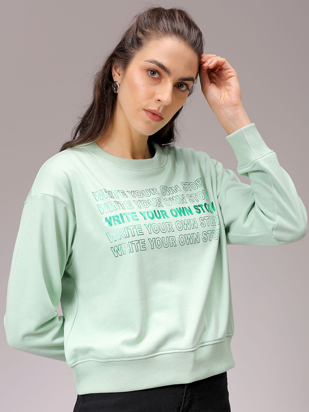 Women's Green Relaxed Fit Foil Printed Crewneck Sweatshirt