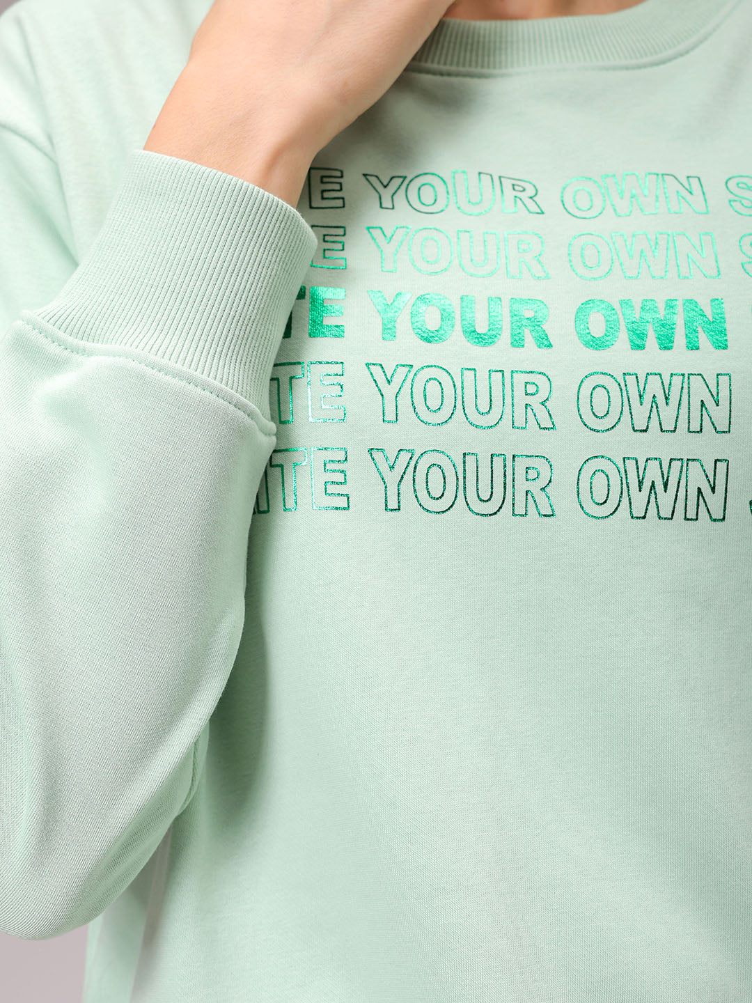 Women's Green Relaxed Fit Foil Printed Crewneck Sweatshirt