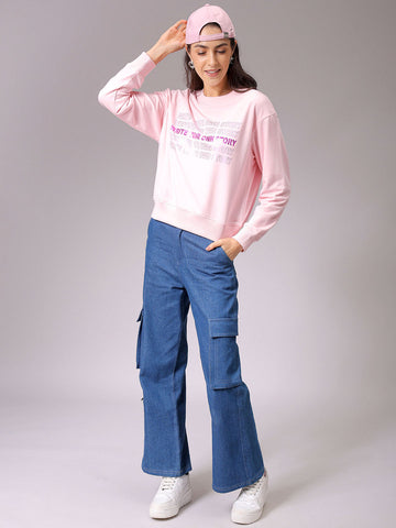 Women's Pink Relaxed Fit Foil Printed Crewneck Sweatshirt