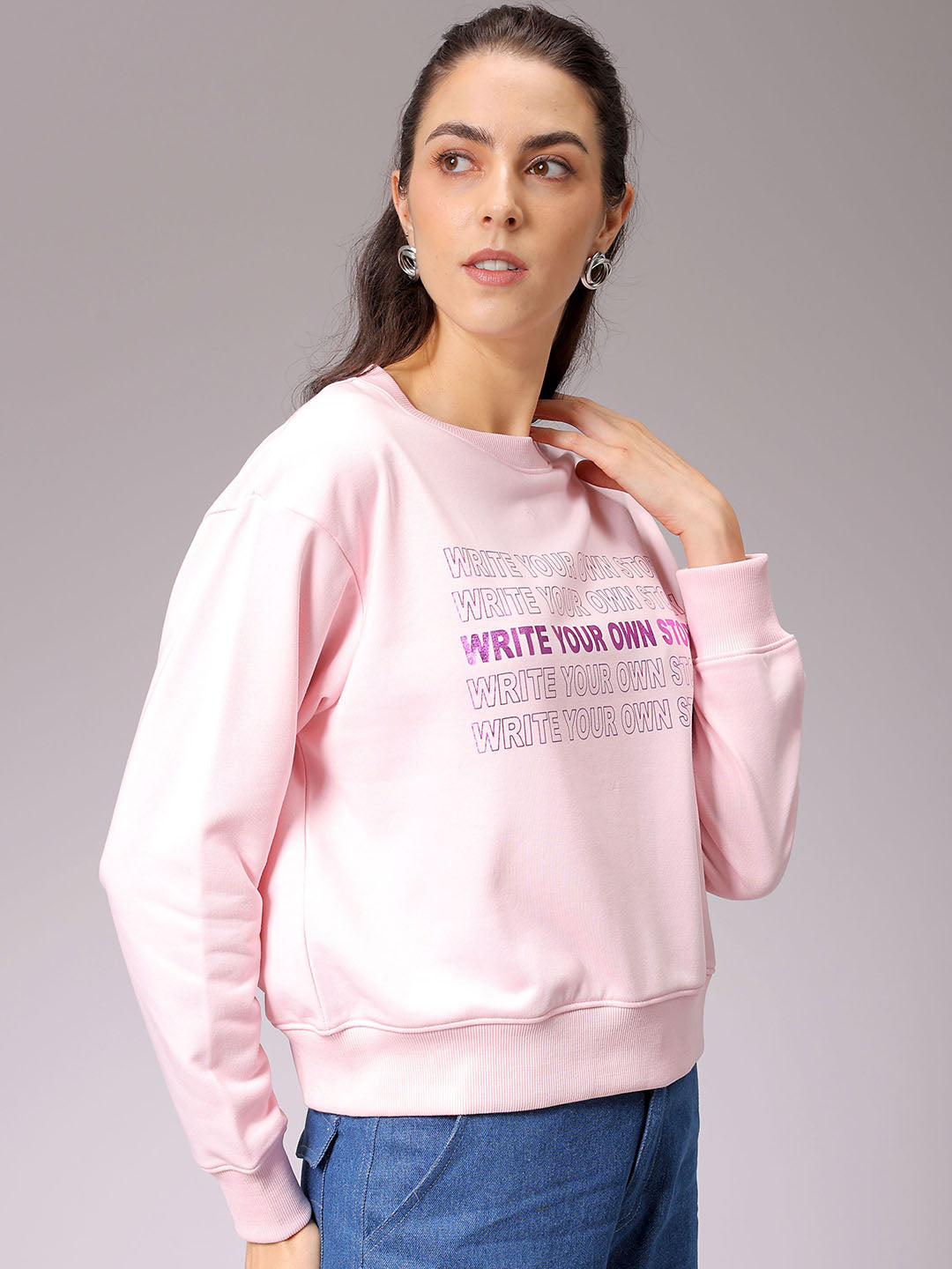 Women's Pink Relaxed Fit Foil Printed Crewneck Sweatshirt