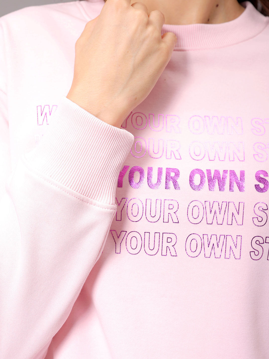 Women's Pink Relaxed Fit Foil Printed Crewneck Sweatshirt