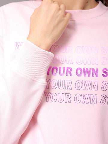 Women's Pink Relaxed Fit Foil Printed Crewneck Sweatshirt