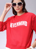 Women's Red Relaxed Fit Typographic Crewneck Sweatshirt