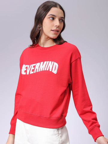 Women's Red Relaxed Fit Typographic Crewneck Sweatshirt