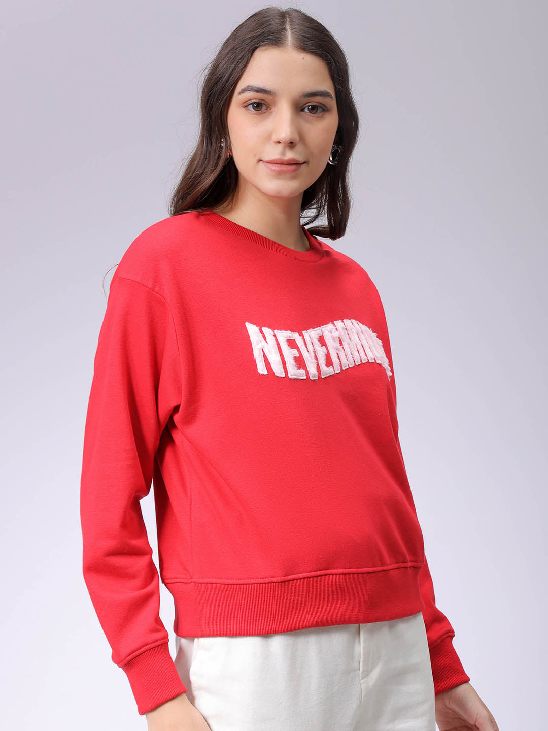 Women's Red Relaxed Fit Typographic Crewneck Sweatshirt