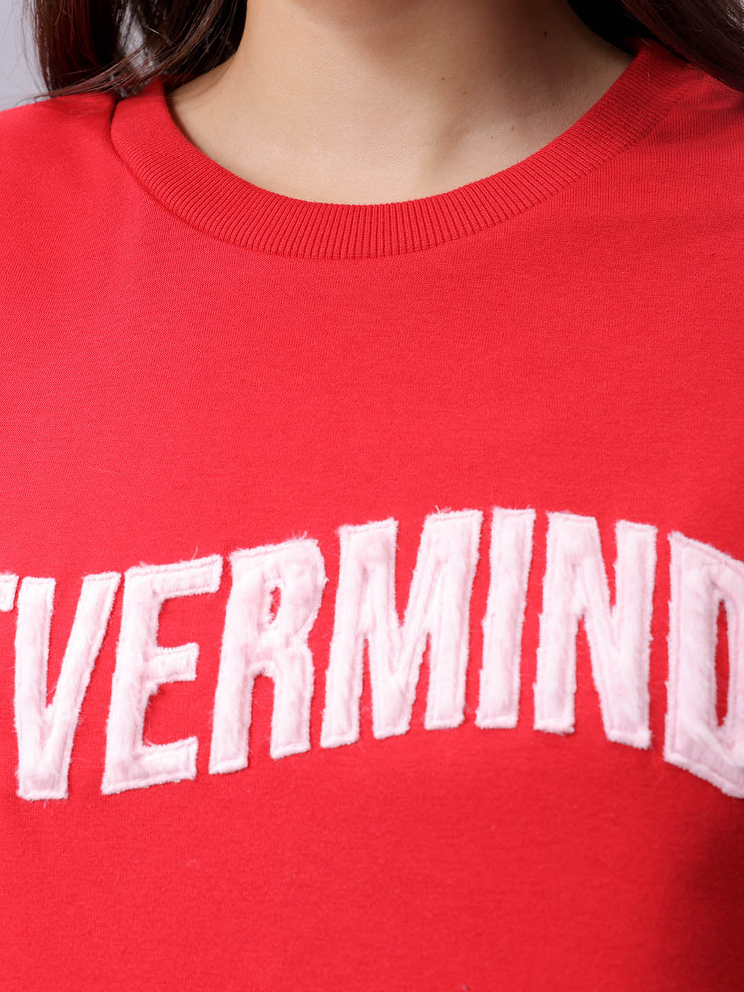 Women's Red Relaxed Fit Typographic Crewneck Sweatshirt