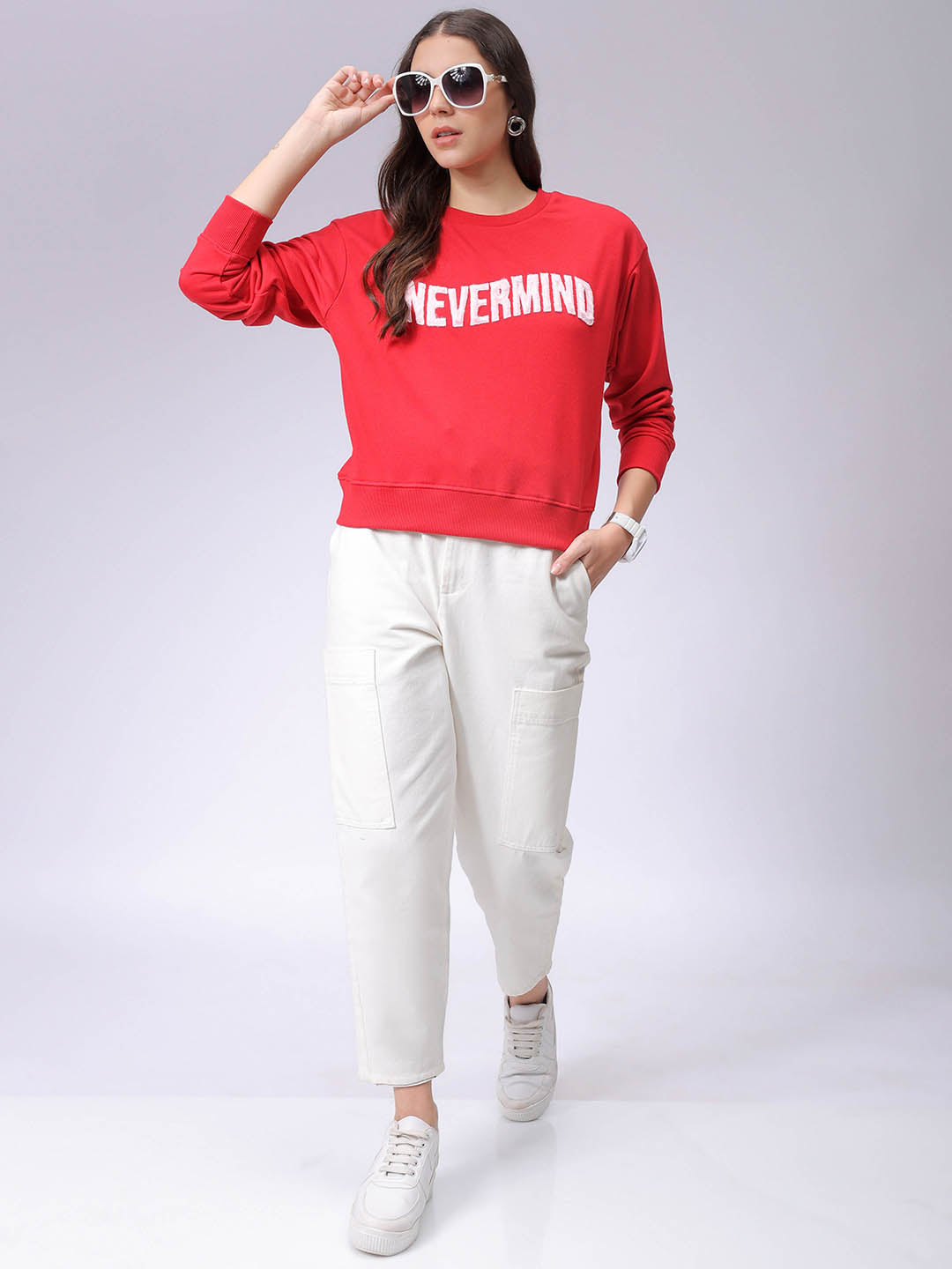 Women's Red Relaxed Fit Typographic Crewneck Sweatshirt