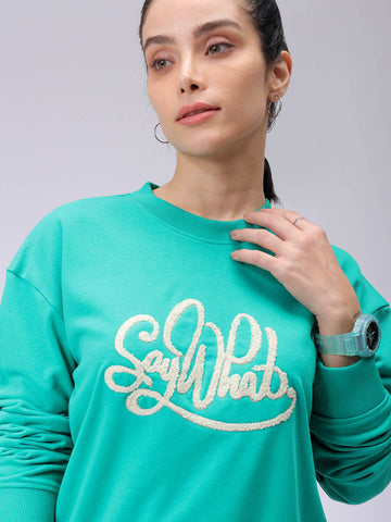 Women's Green Relaxed Fit Typographic Cropped Sweatshirt