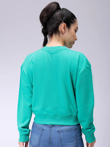 Women's Green Relaxed Fit Typographic Cropped Sweatshirt