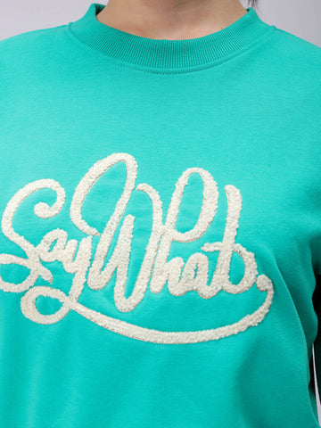 Women's Green Relaxed Fit Typographic Cropped Sweatshirt