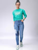 Women's Green Relaxed Fit Typographic Cropped Sweatshirt