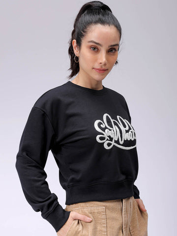 Women's Black Relaxed Fit Typographic Cropped Sweatshirt