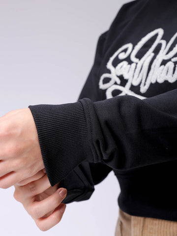 Women's Black Relaxed Fit Typographic Cropped Sweatshirt