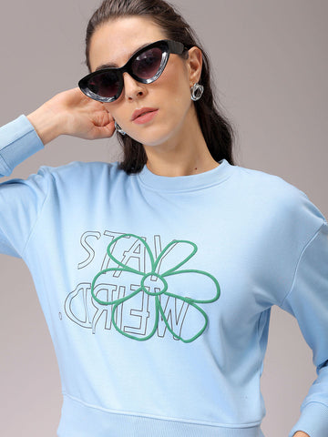 Women's Blue Relaxed Fit Floral Cropped Sweatshirt
