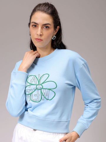 Women's Blue Relaxed Fit Floral Cropped Sweatshirt