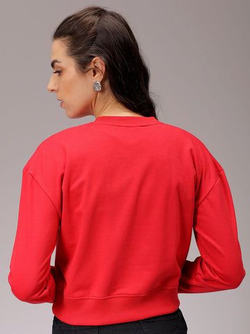 Women's Red Relaxed Fit Floral Cropped Sweatshirt