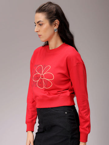 Women's Red Relaxed Fit Floral Cropped Sweatshirt