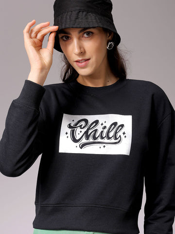 Women's Black Relaxed Fit Holographic Cropped Sweatshirt