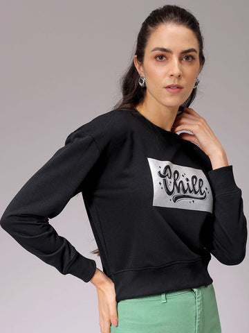 Women's Black Relaxed Fit Holographic Cropped Sweatshirt