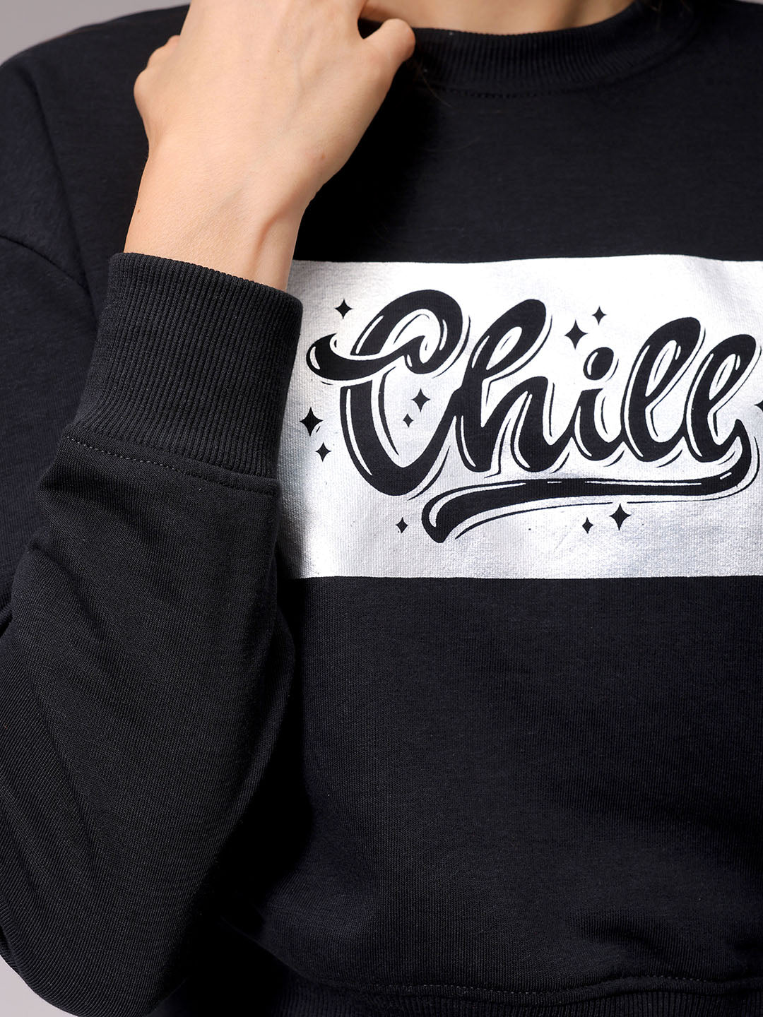 Women's Black Relaxed Fit Holographic Cropped Sweatshirt