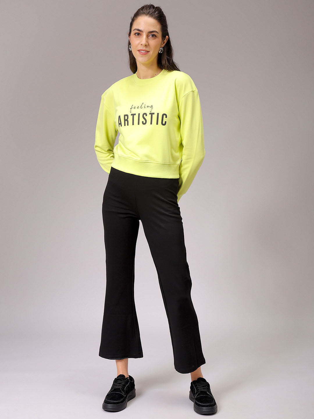 Women's Yellow Relaxed Fit Typographic Cropped Sweatshirt