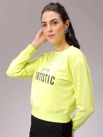 Women's Yellow Relaxed Fit Typographic Cropped Sweatshirt