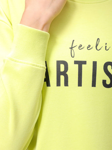 Women's Yellow Relaxed Fit Typographic Cropped Sweatshirt