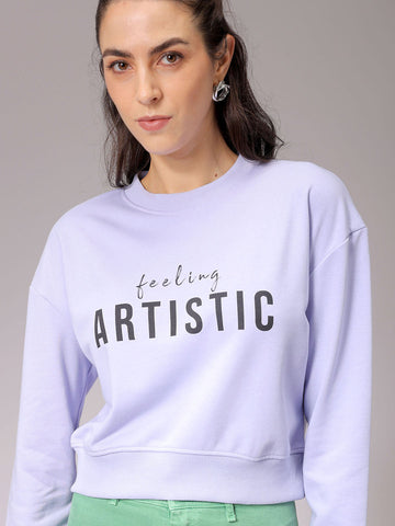 Women's Purple Relaxed Fit Typographic Cropped Sweatshirt