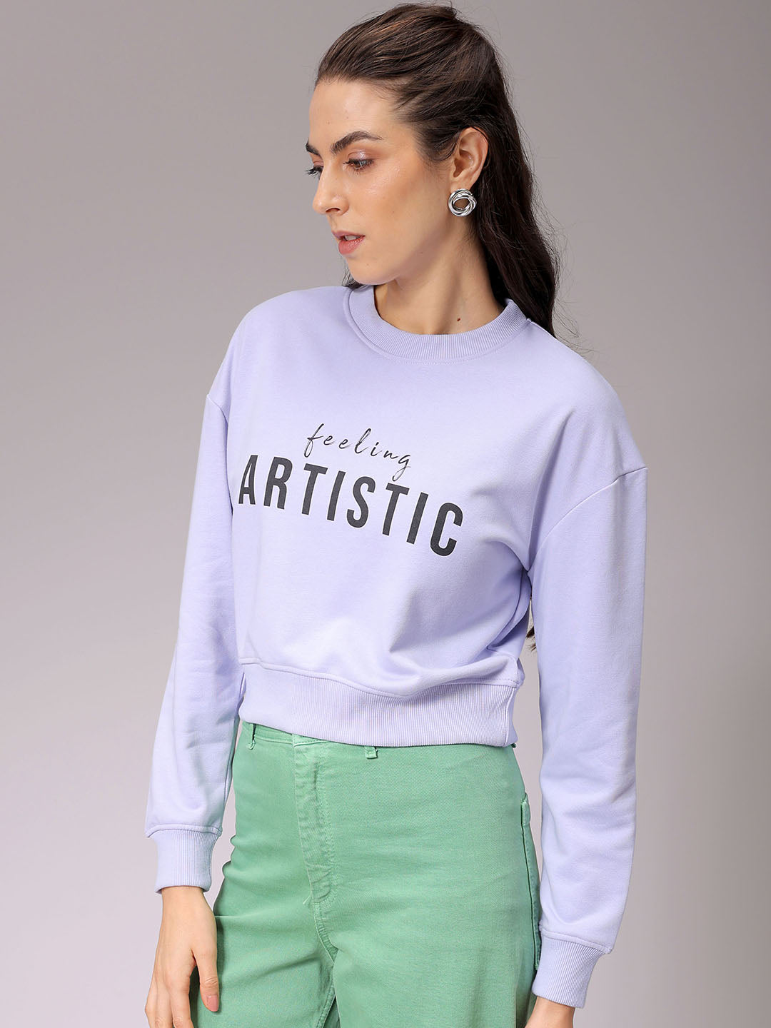 Women's Purple Relaxed Fit Typographic Cropped Sweatshirt