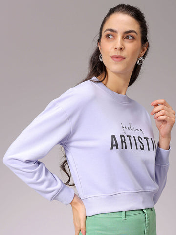 Women's Purple Relaxed Fit Typographic Cropped Sweatshirt