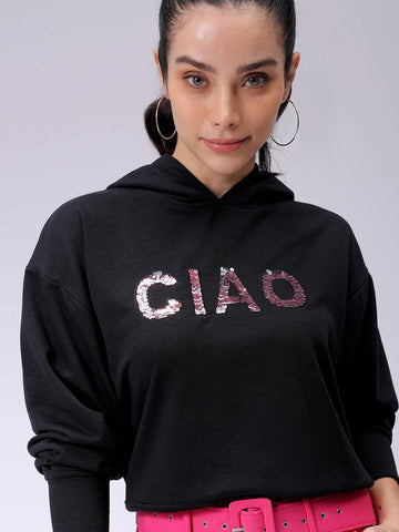 Women's Black Relaxed Fit Placement Embroidery Hooded Sweatshirt