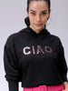 Women's Black Relaxed Fit Placement Embroidery Hooded Sweatshirt