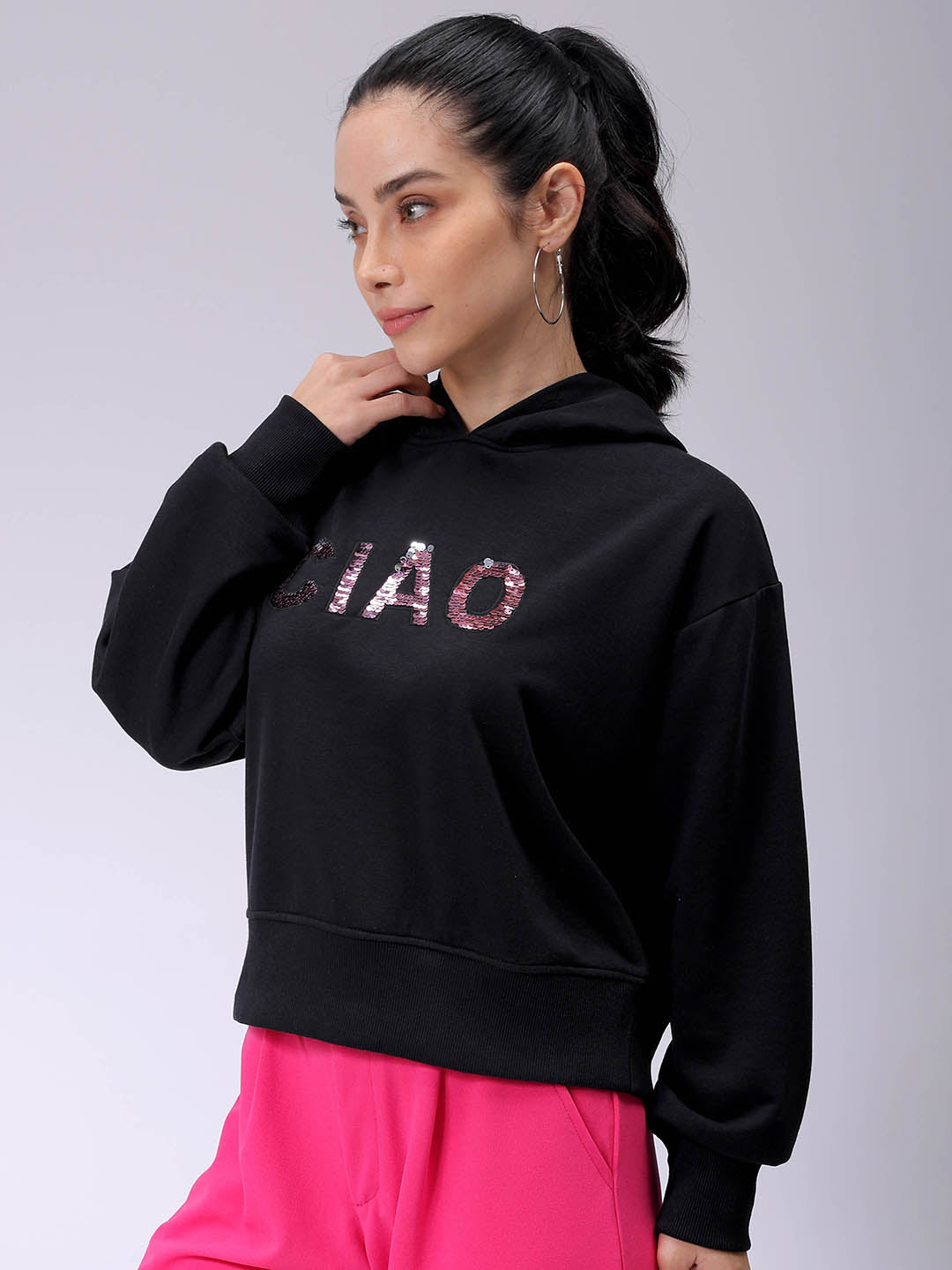 Women's Black Relaxed Fit Placement Embroidery Hooded Sweatshirt