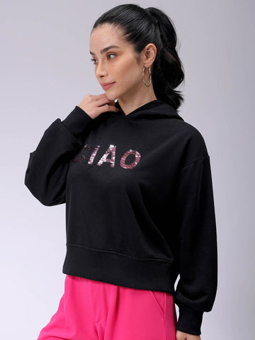 Women's Black Relaxed Fit Placement Embroidery Hooded Sweatshirt