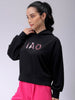 Women's Black Relaxed Fit Placement Embroidery Hooded Sweatshirt