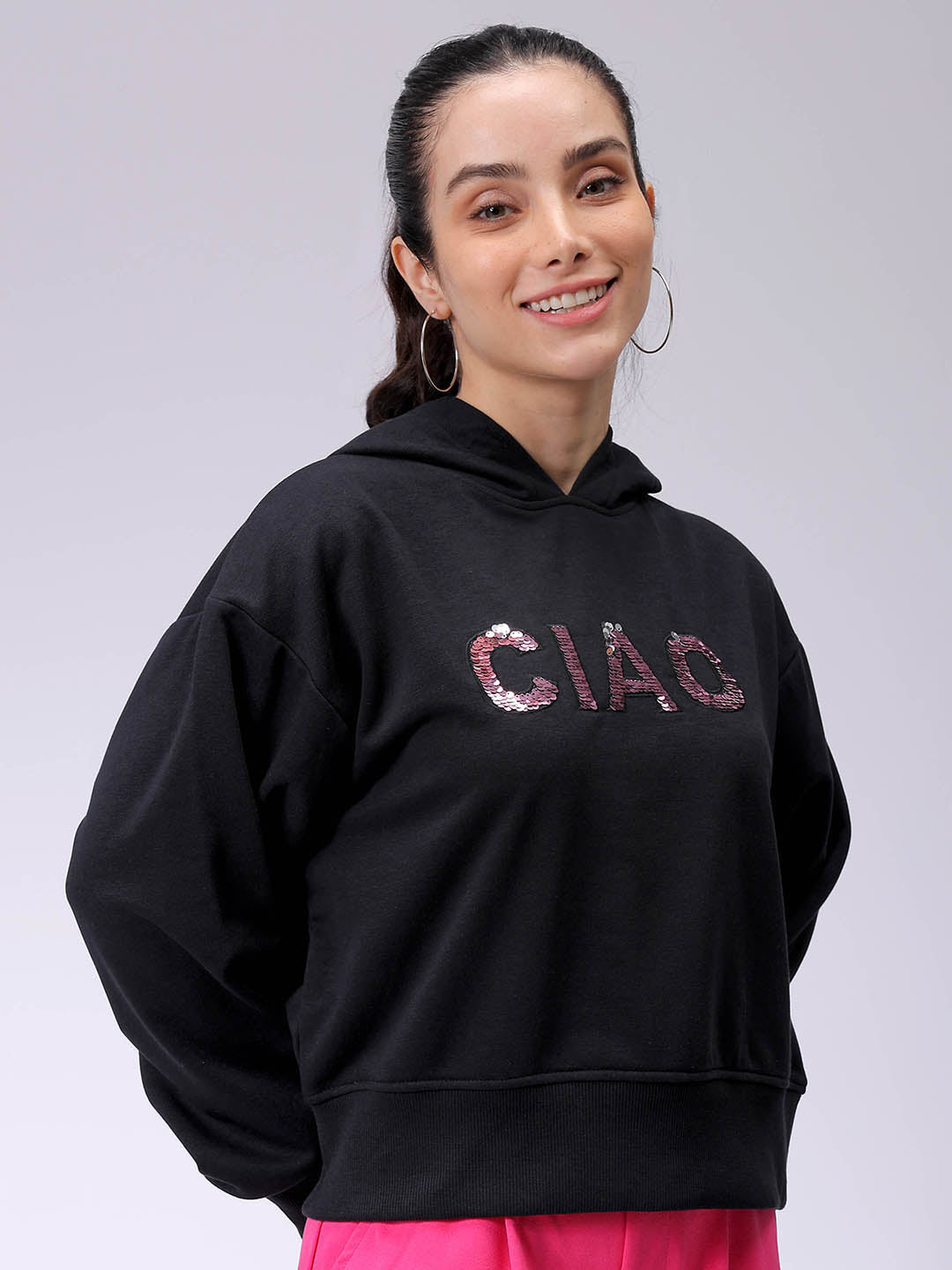 Women's Black Relaxed Fit Placement Embroidery Hooded Sweatshirt