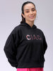 Women's Black Relaxed Fit Placement Embroidery Hooded Sweatshirt