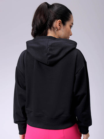 Women's Black Relaxed Fit Placement Embroidery Hooded Sweatshirt