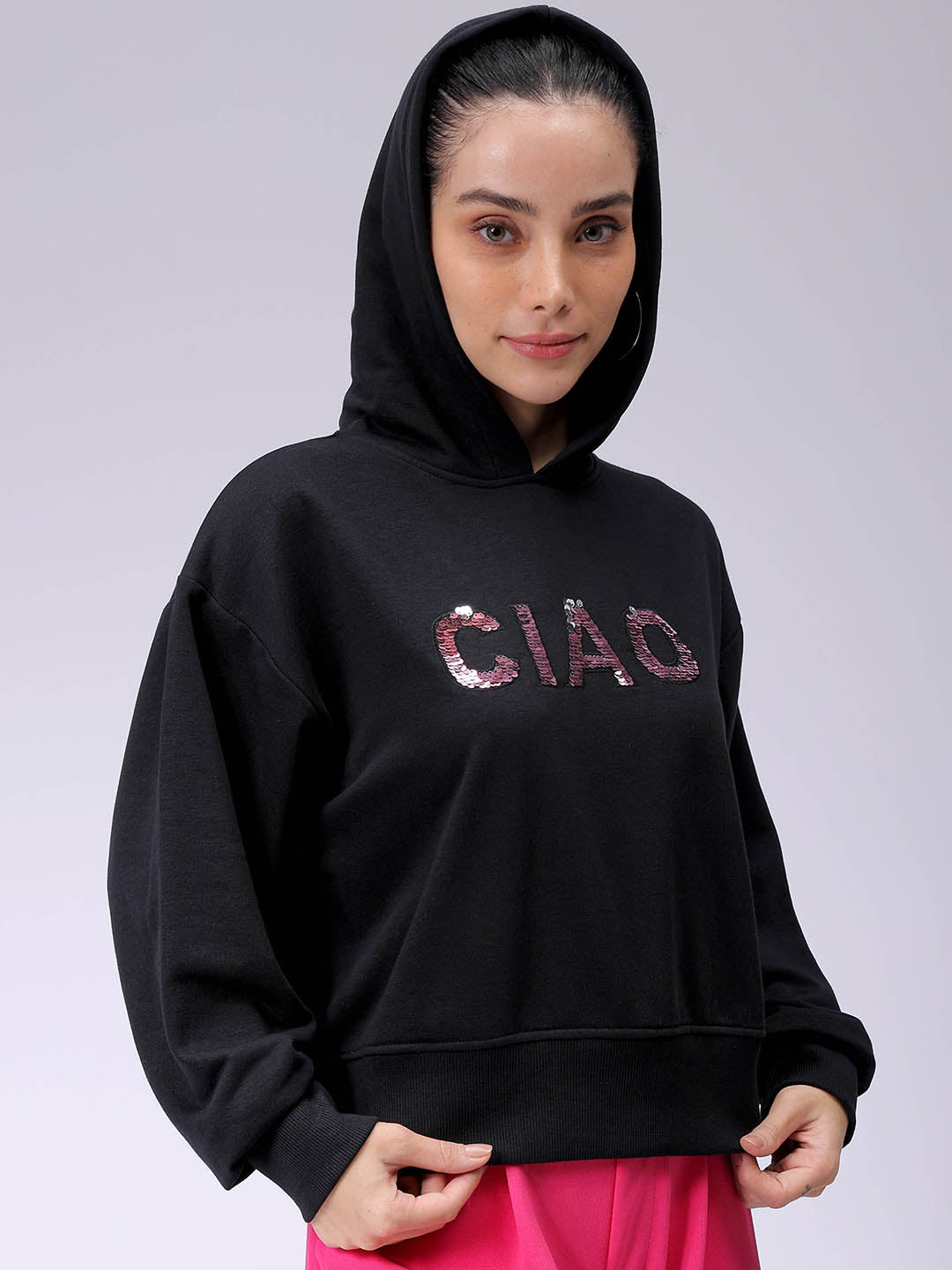 Women's Black Relaxed Fit Placement Embroidery Hooded Sweatshirt