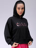 Women's Black Relaxed Fit Placement Embroidery Hooded Sweatshirt