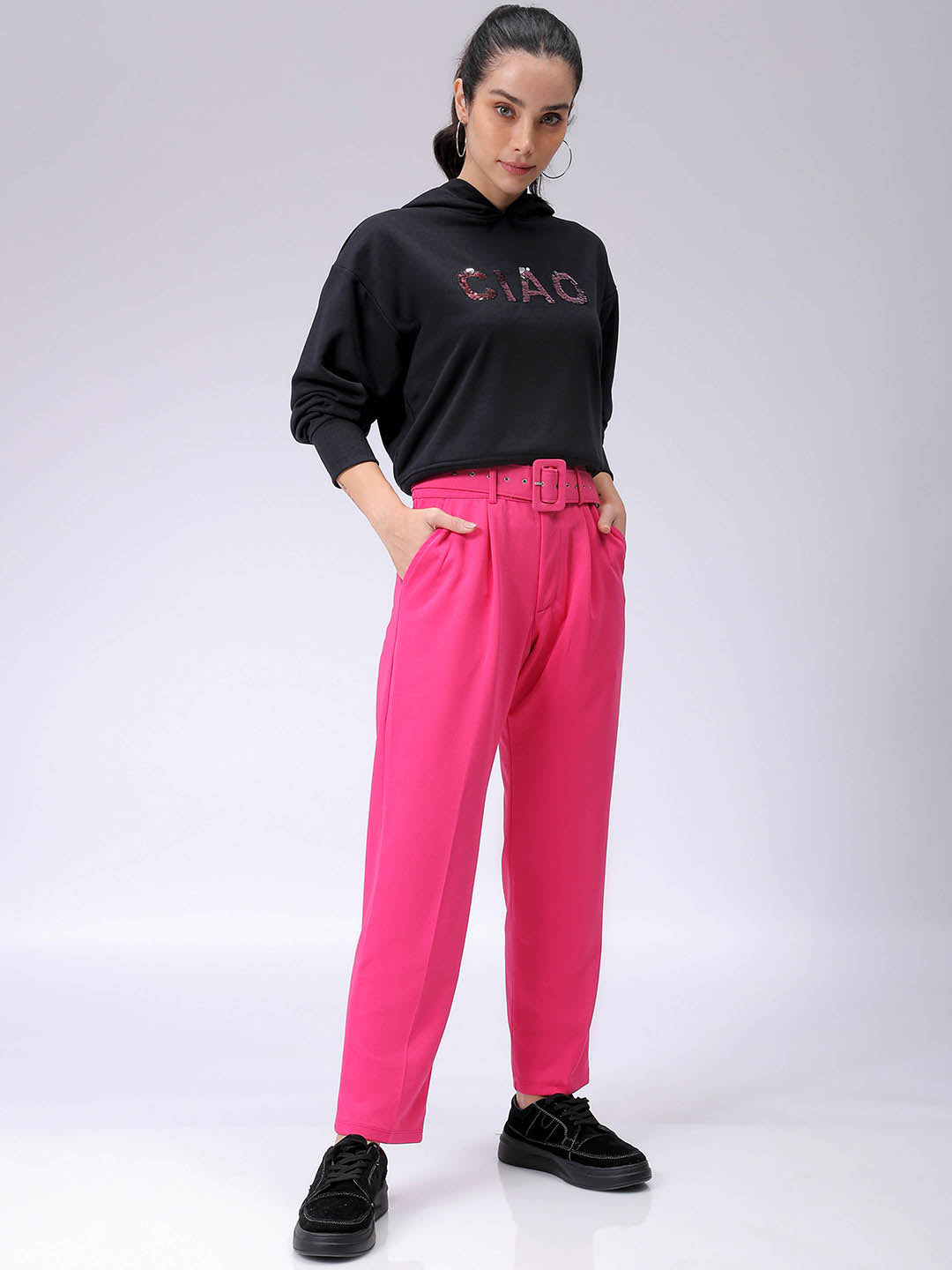 Women's Black Relaxed Fit Placement Embroidery Hooded Sweatshirt