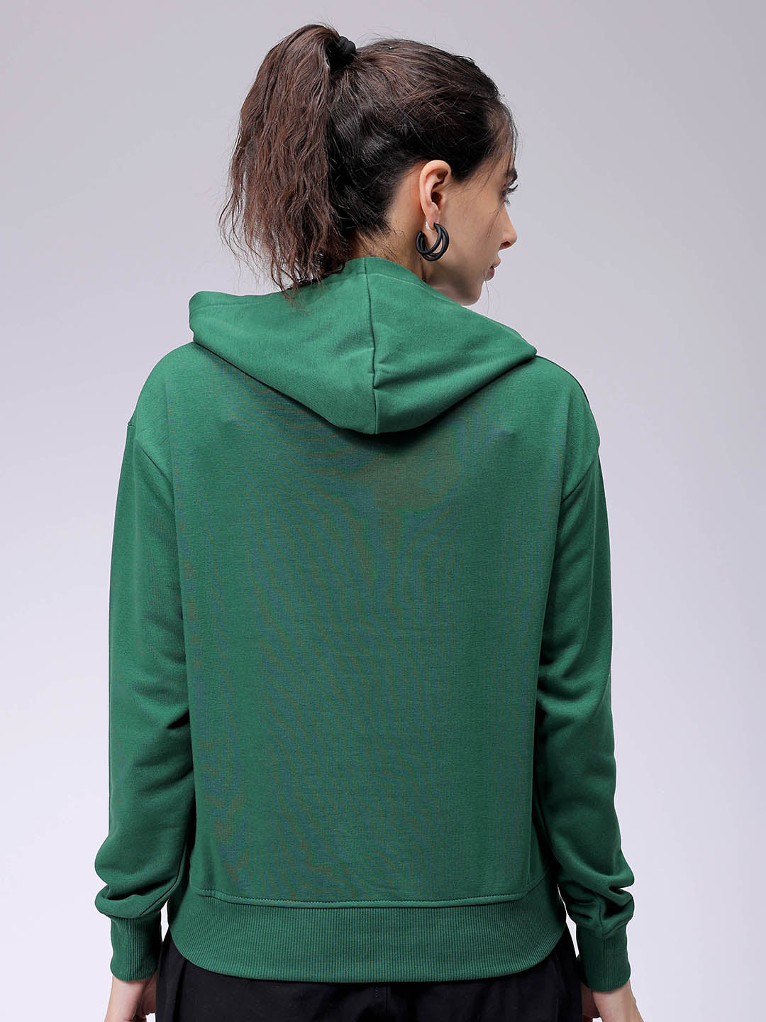 Women's Green Relaxed Fit Placement Embroidered Hooded Sweatshirt