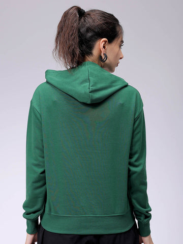 Women's Green Relaxed Fit Placement Embroidered Hooded Sweatshirt