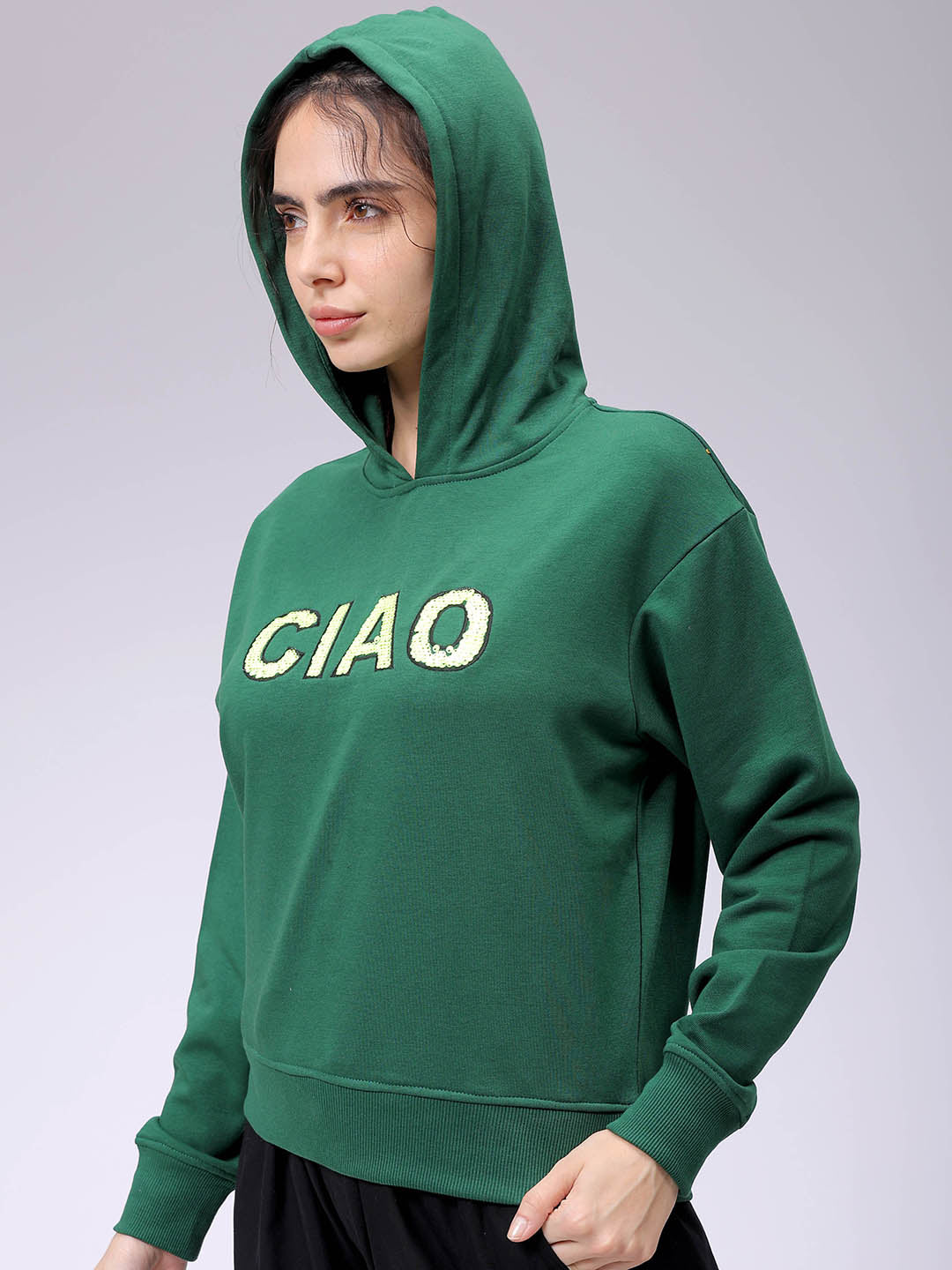 Women's Green Relaxed Fit Placement Embroidered Hooded Sweatshirt