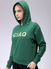 Women's Green Relaxed Fit Placement Embroidered Hooded Sweatshirt